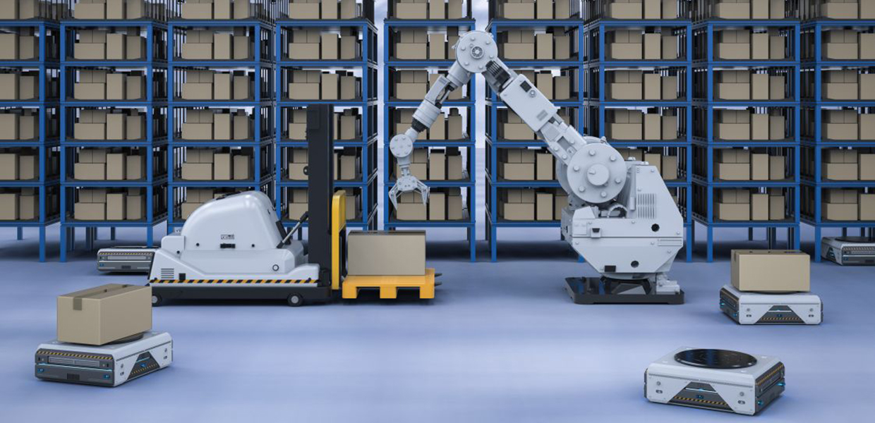 image of pick and place robot loading a transportation robot